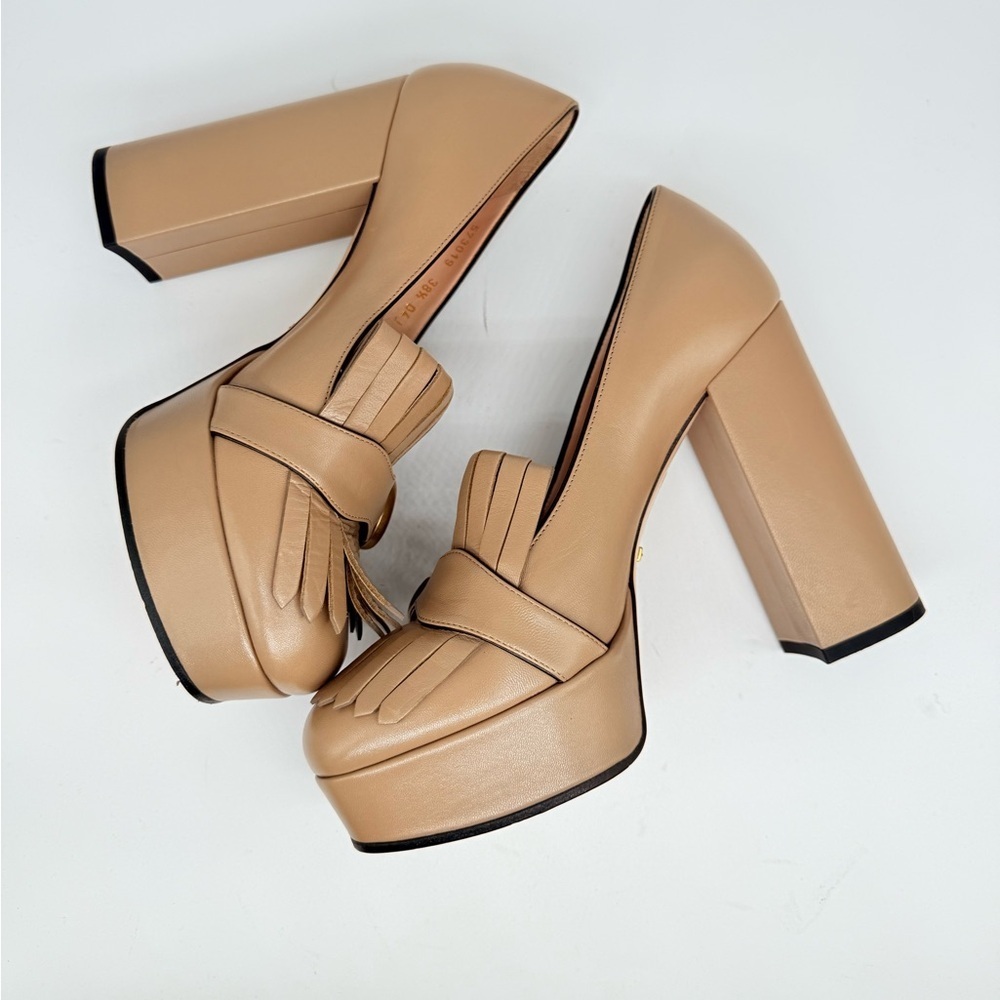 Gucci Tan/Mud Beige GG Marmont Fringe Platform Leather Loafers Pumps EU 38.5 - Picture 4 of 9